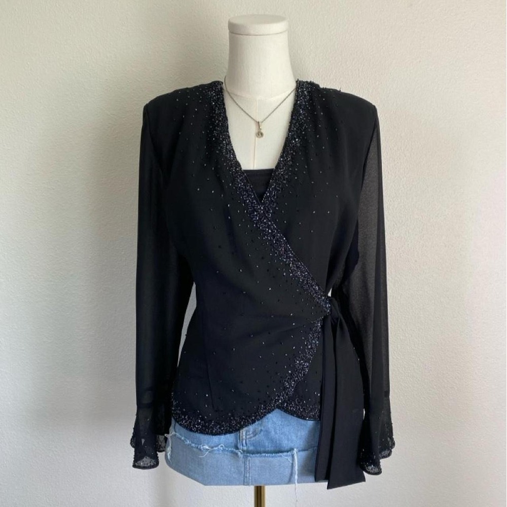 Vintage R&M Richard's Black Jewel Embellished Wrap Long Sleeve Blouse